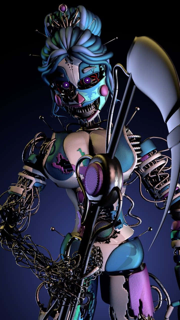 En kvindelig robot med et sværd og en skål. Wallpaper