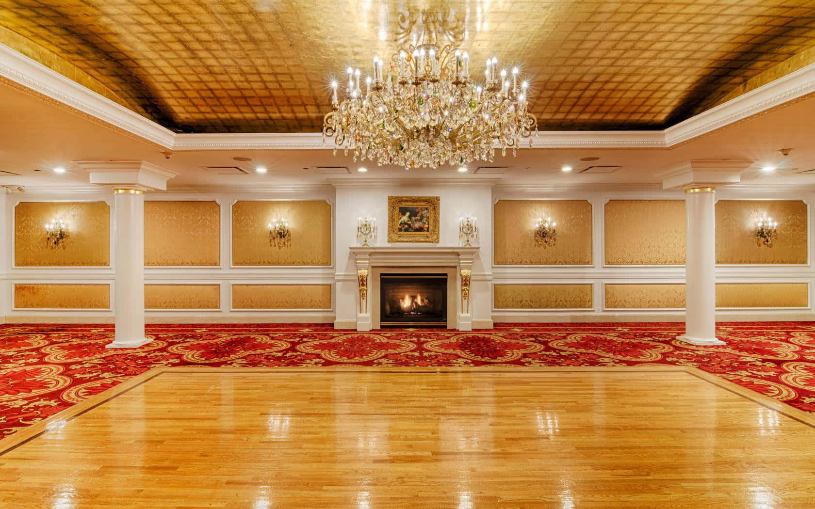 A Large Room With A Fireplace And Red Carpet