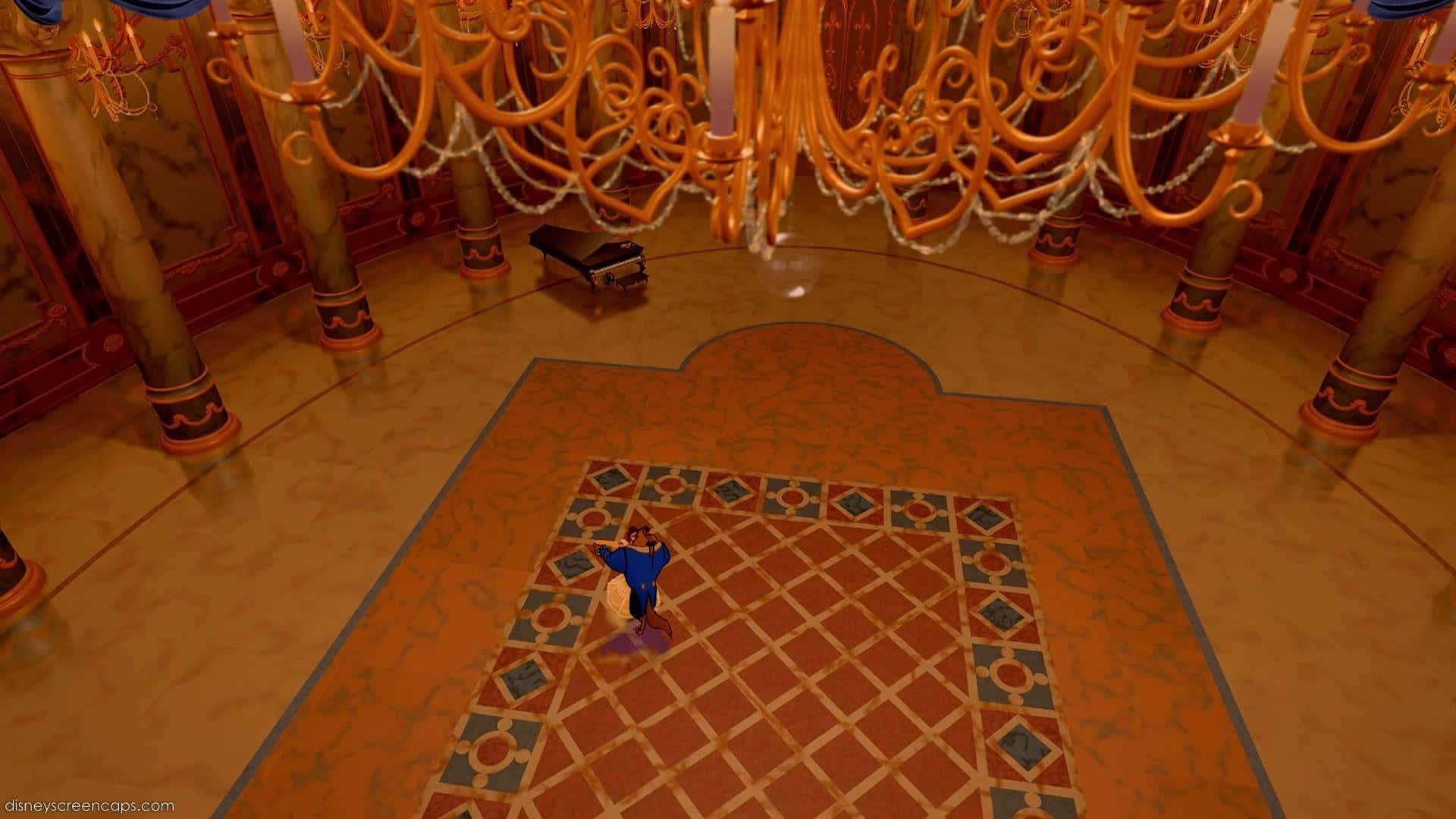 A Video Game Screenshot Of A Large Room With A Chandelier