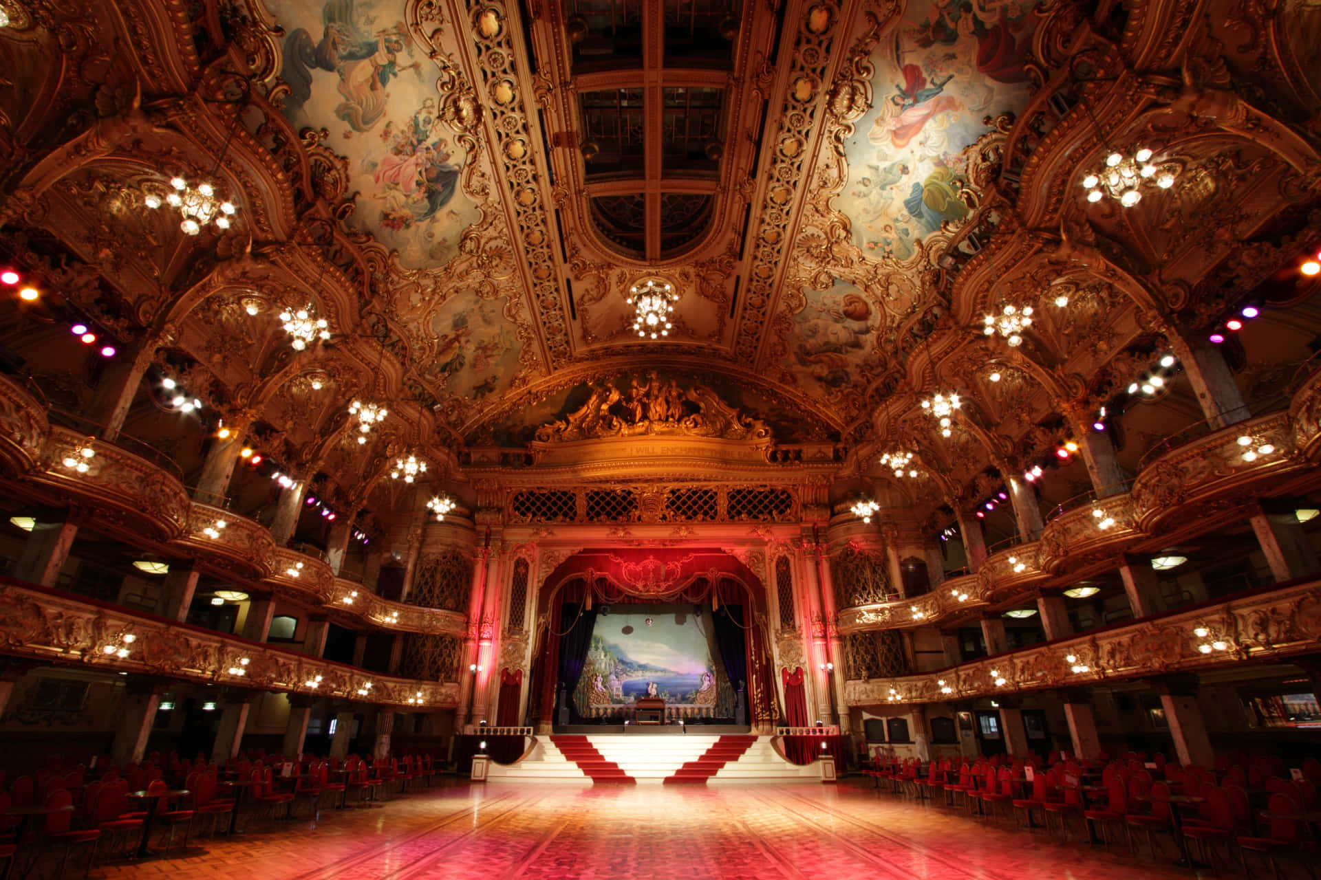 A Large Ballroom With A Large Ceiling