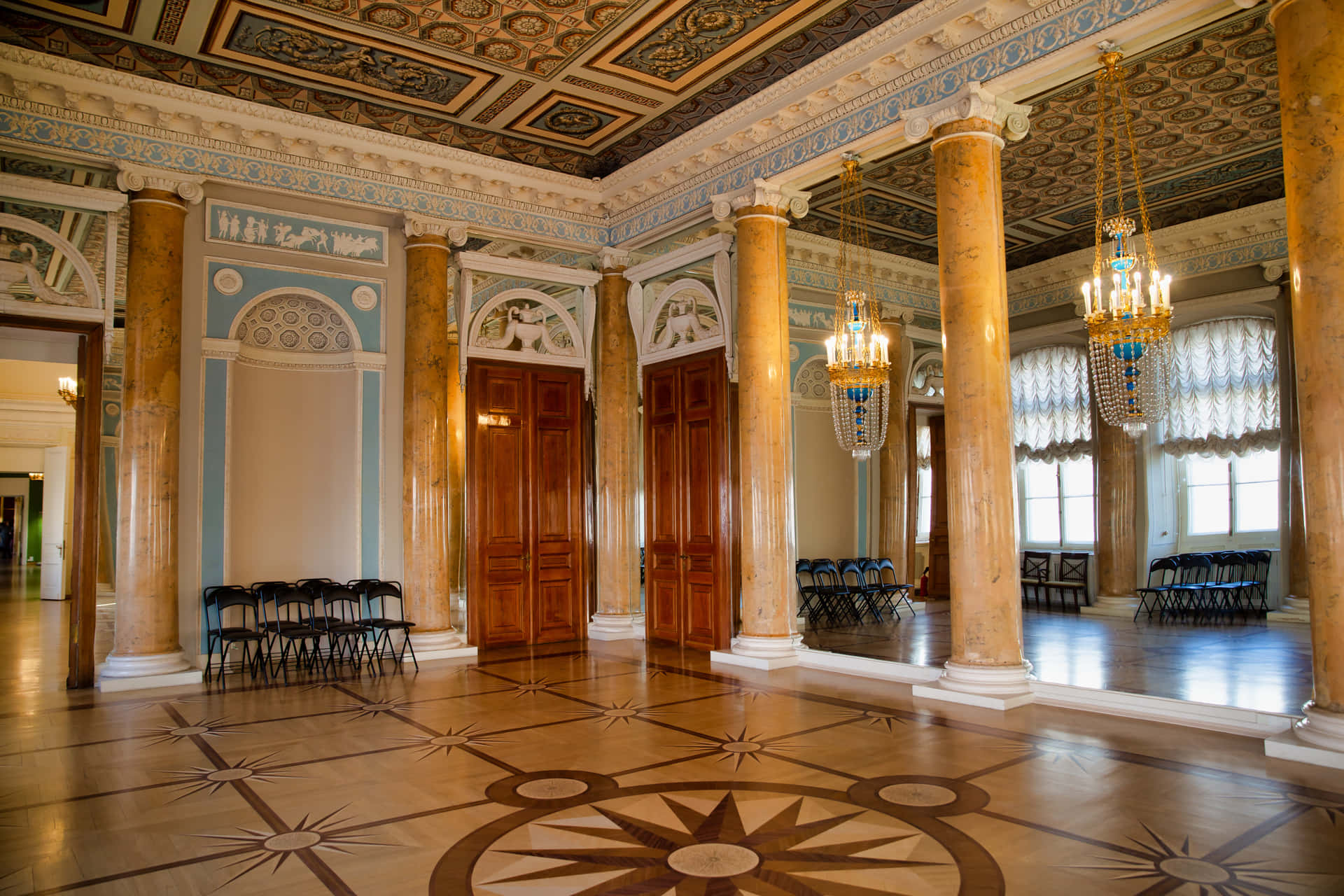 A Large Room With A Mirror