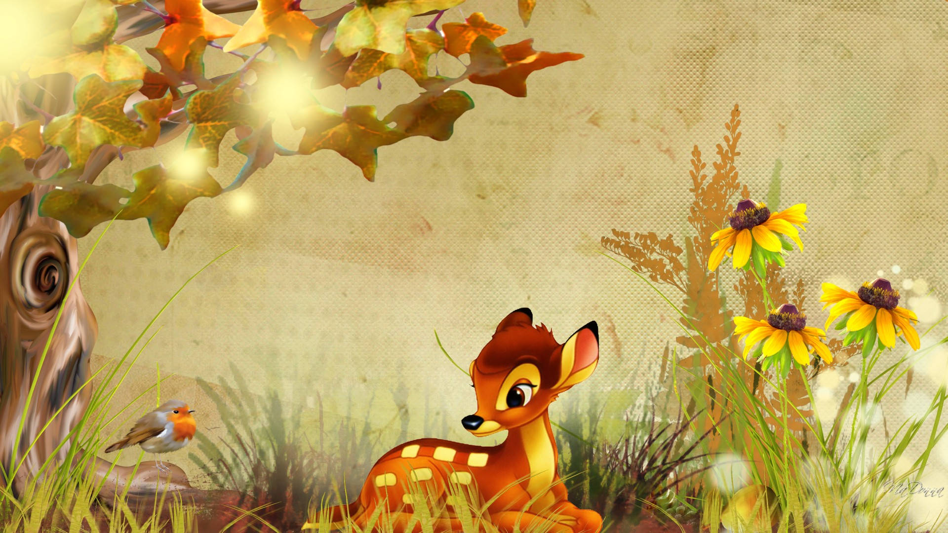 Bambi And Bird In Forest Wallpaper