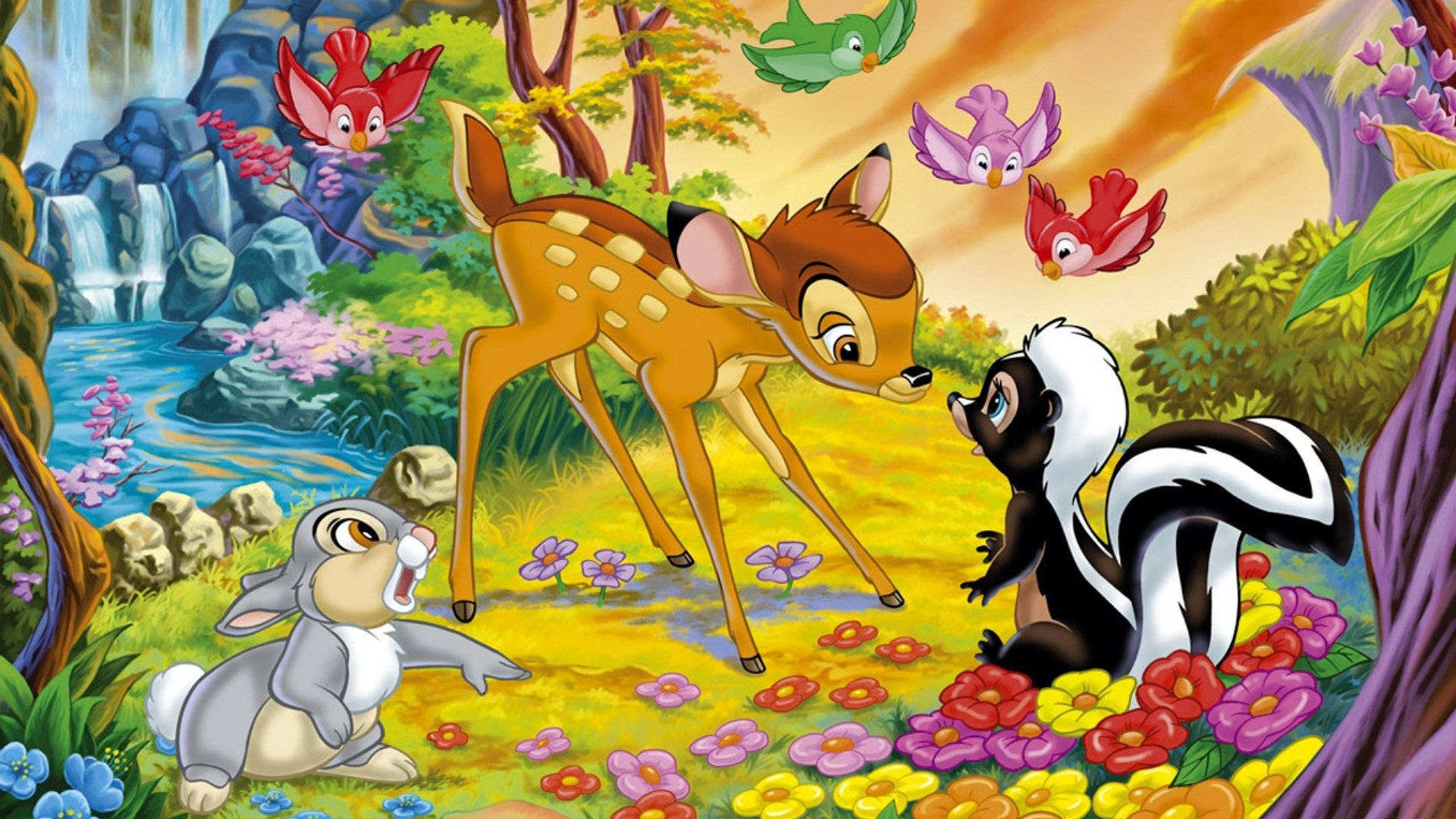 Bambi And Friends With Birds Background