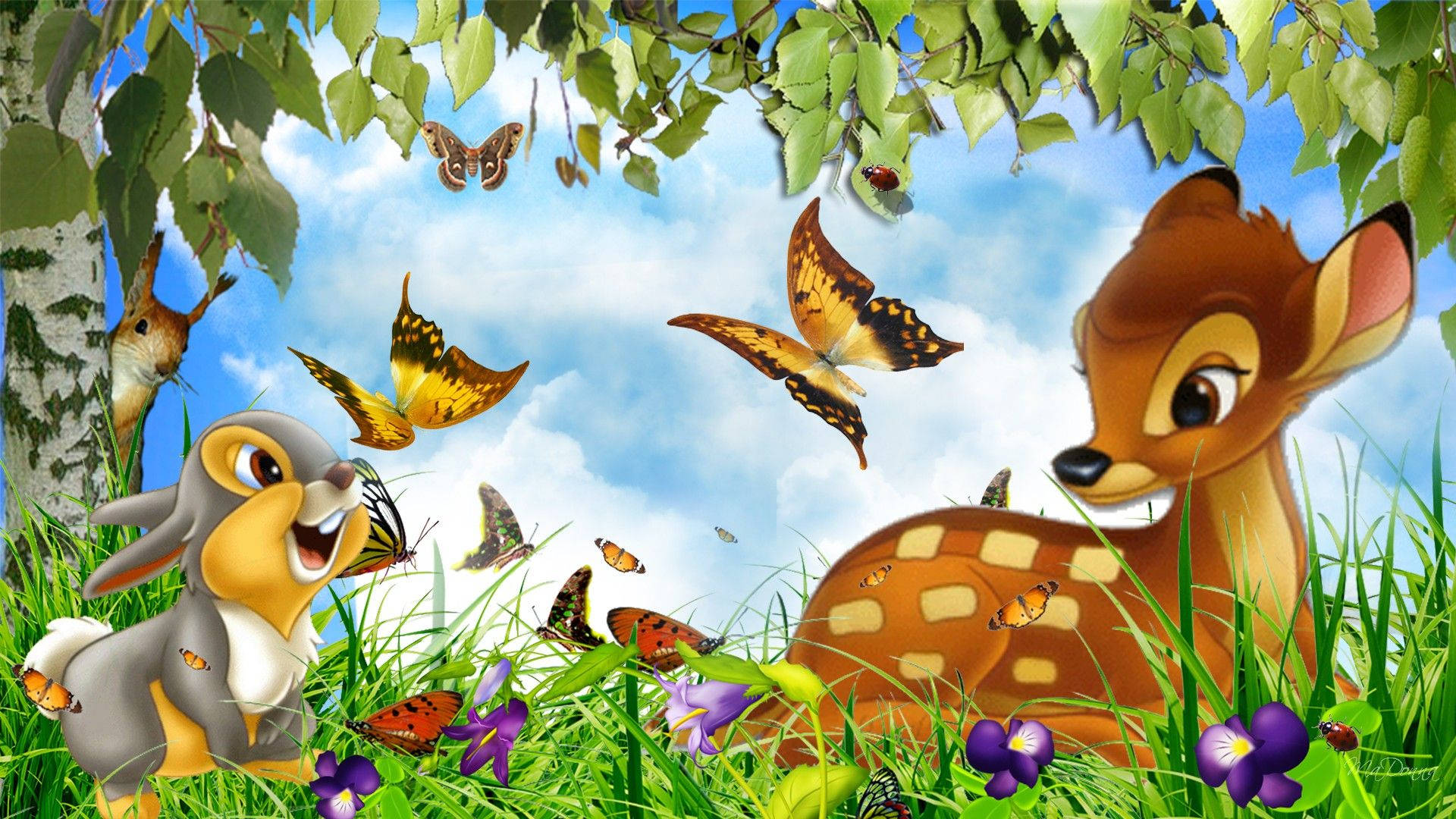 Bambi And Thumper With Butterflies Background