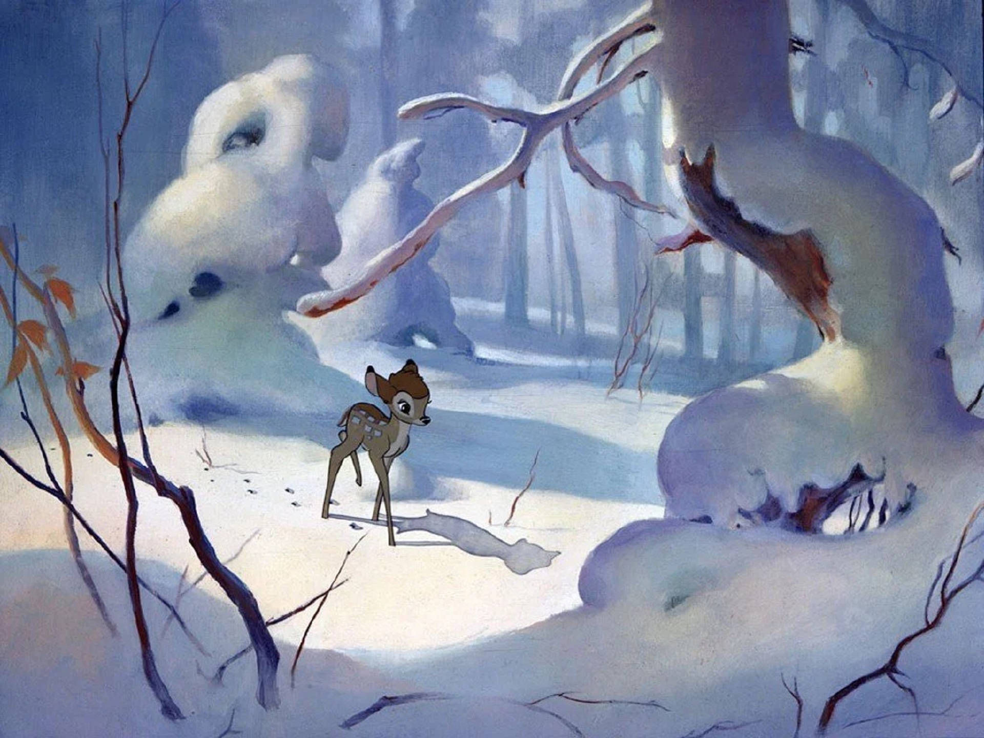 Bambi In Snowy Forest Background