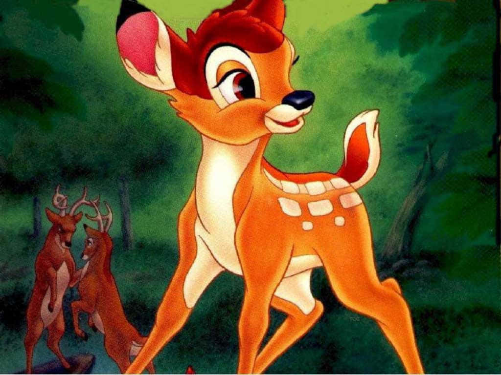 Bambi, the lovable fawn from Disney, stands in a peaceful forest surrounded by nature.