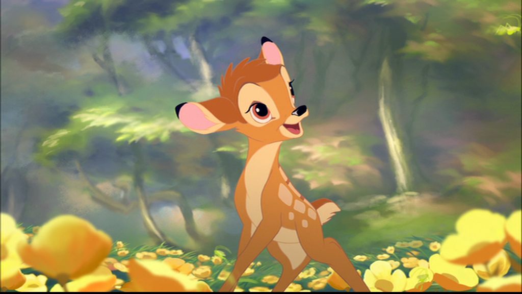 "Bambi greets his friends, Thumper and Flower"