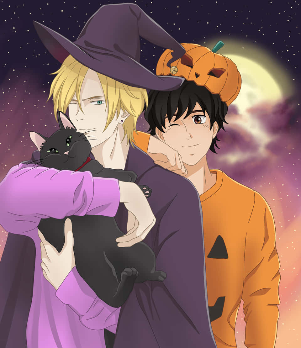 Two Boys Dressed Up As Witches Holding A Black Cat