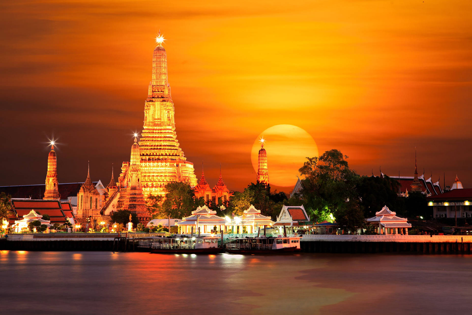 Bangkok Chao Pharaya Solnedgang Fotografi Wallpaper