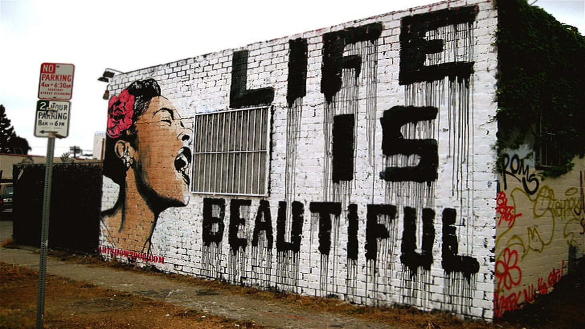 Banksy's Vibrant Life is Beautiful Street Art Mural Wallpaper
