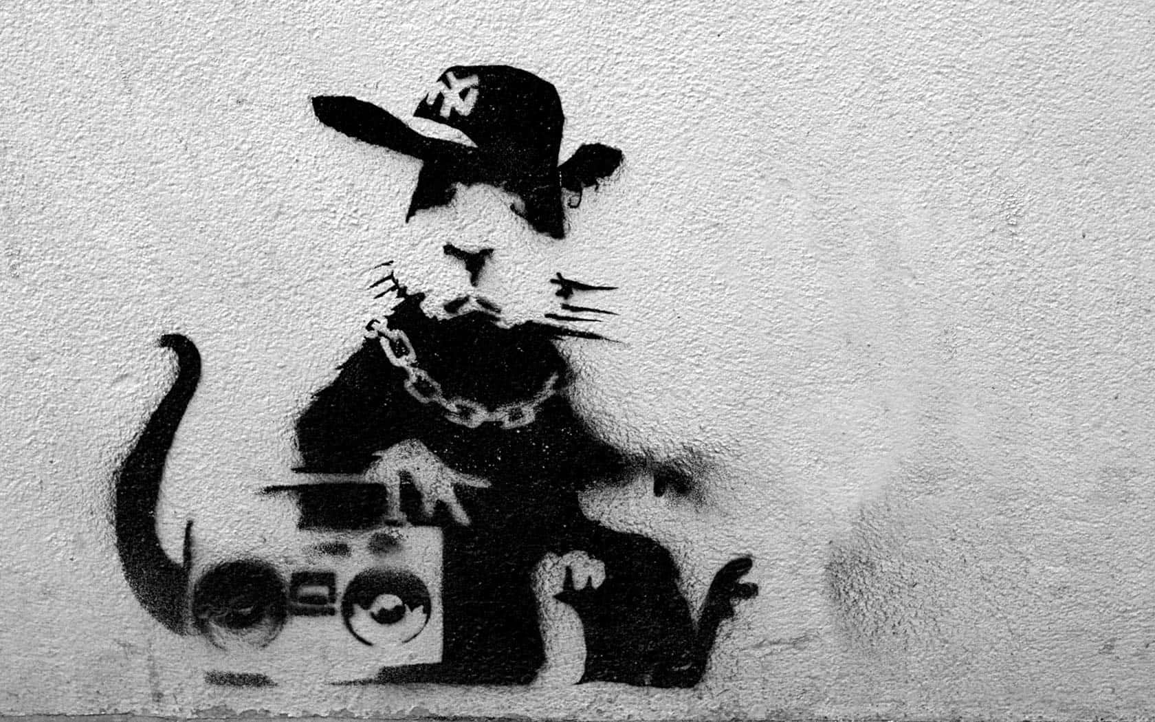 A Black And White Photo Of A Rat With A Boombox