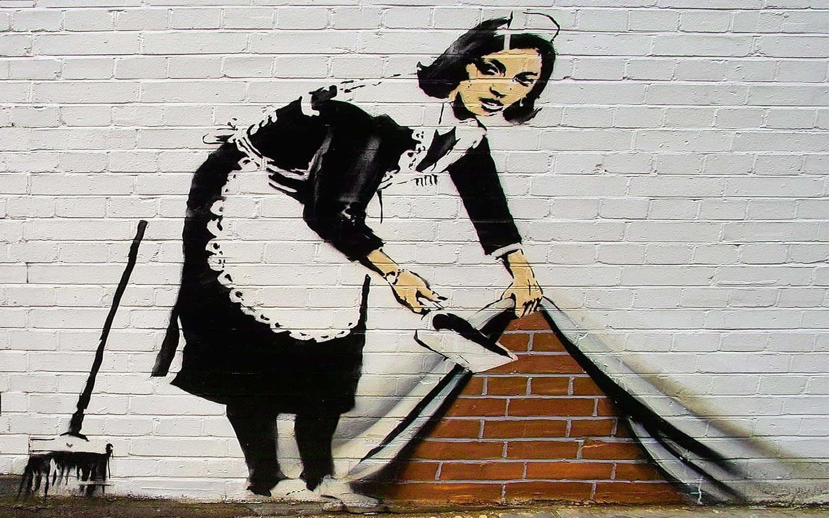 Banksy's street art against the backdrop of an urban landscape