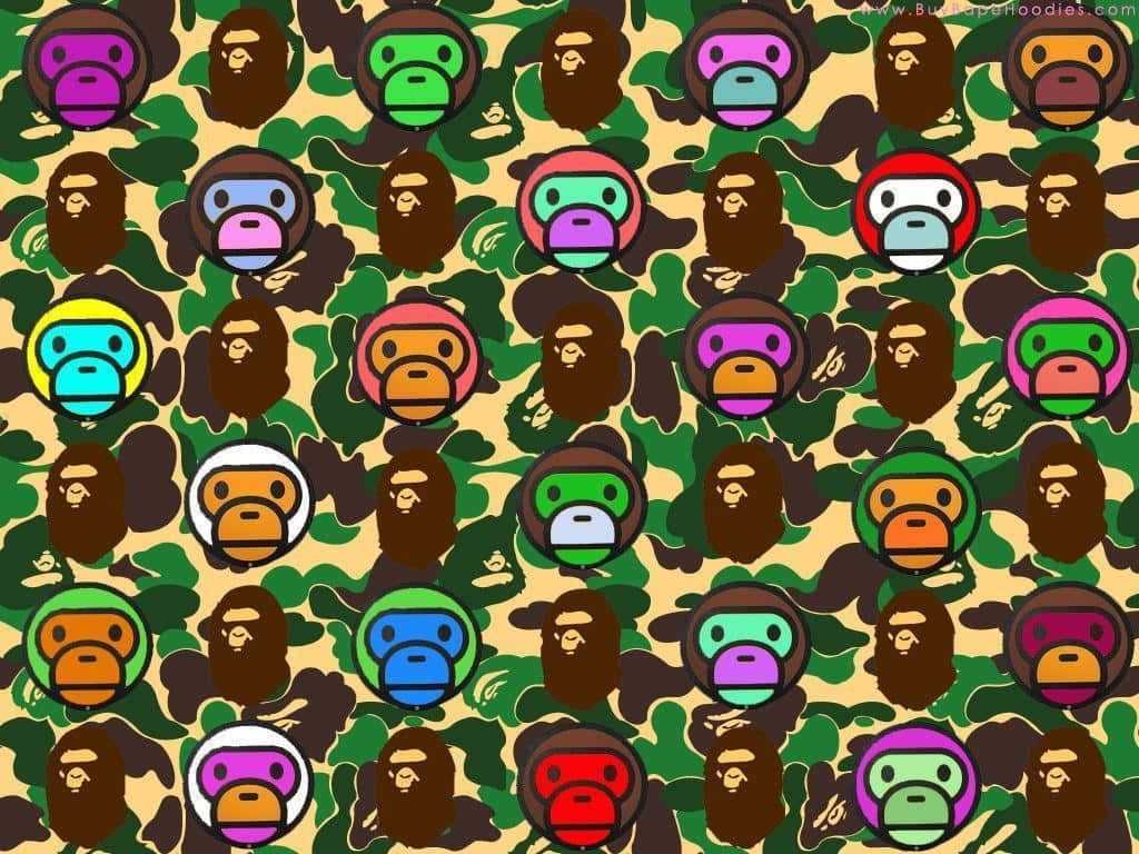 Unmotivo Camouflage Di A Bathing Ape Con Molti Scimmiette Di Diversi Colori. Sfondo