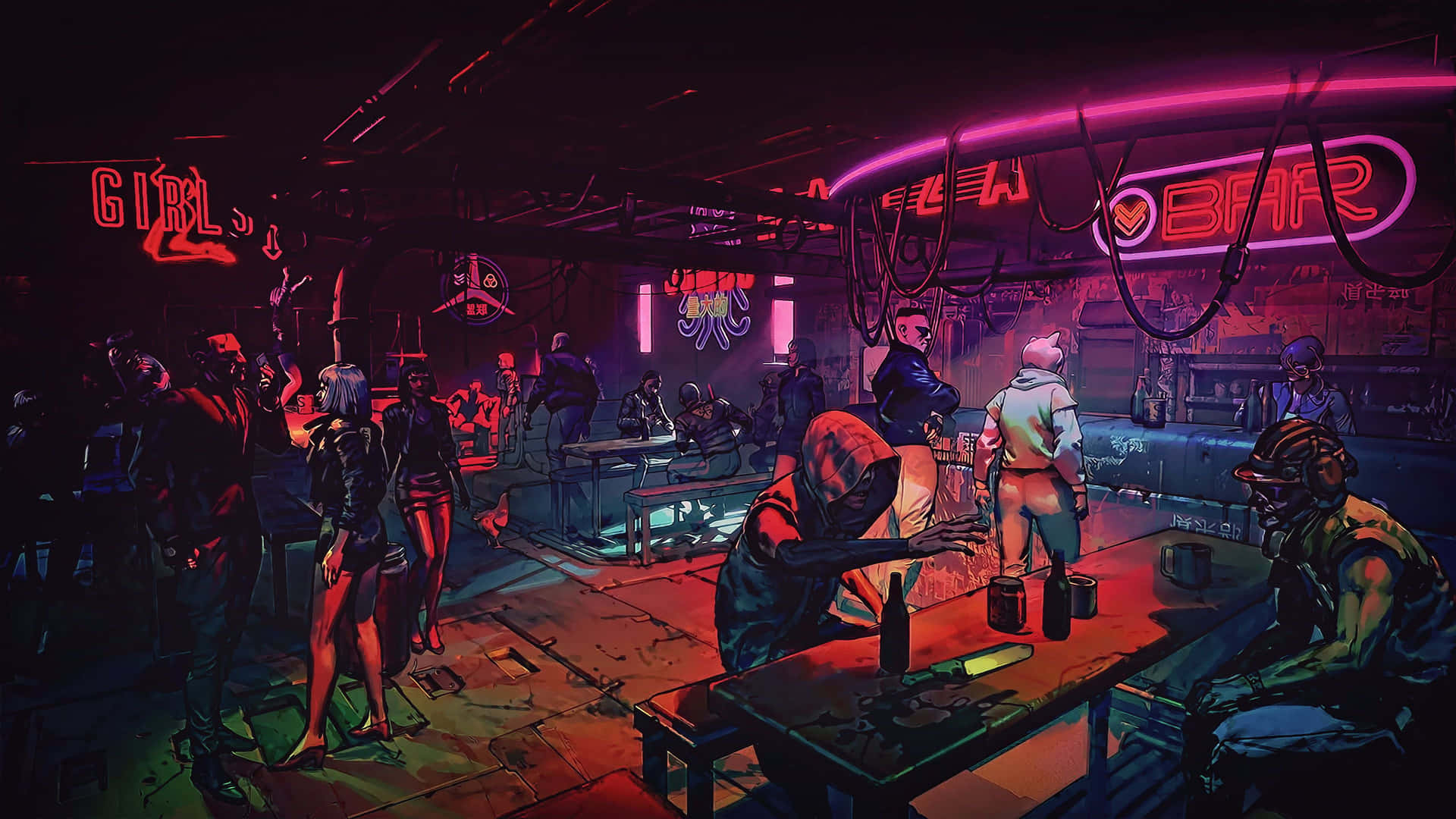 A Group Of People In A Bar With Neon Lights