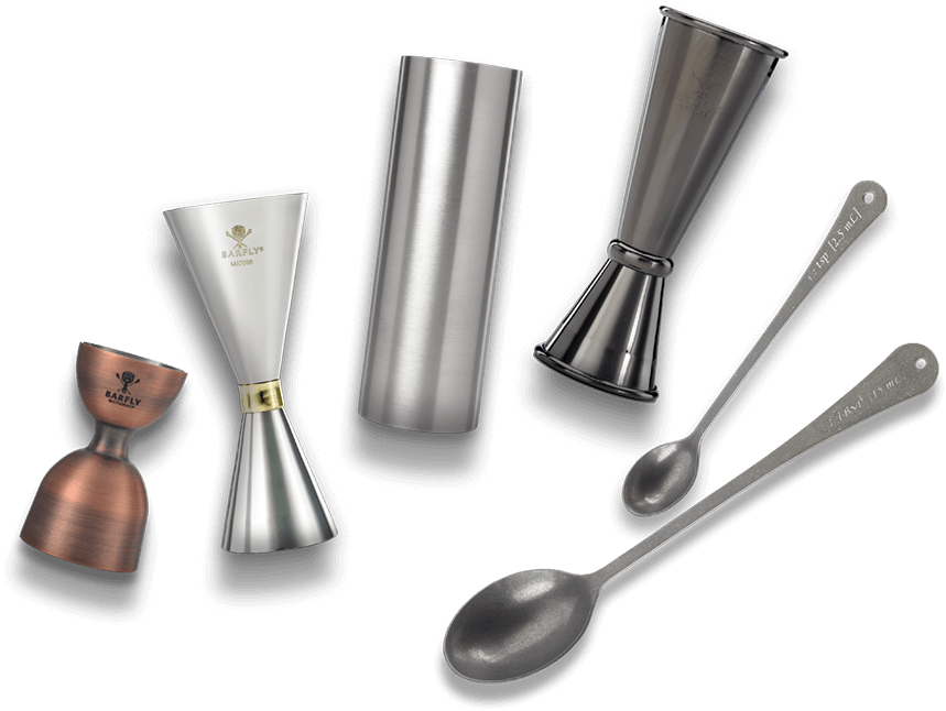 Bar Tools Collection PNG — Shiny metallic bar tools including jiggers and spoons arranged against a stark black background.