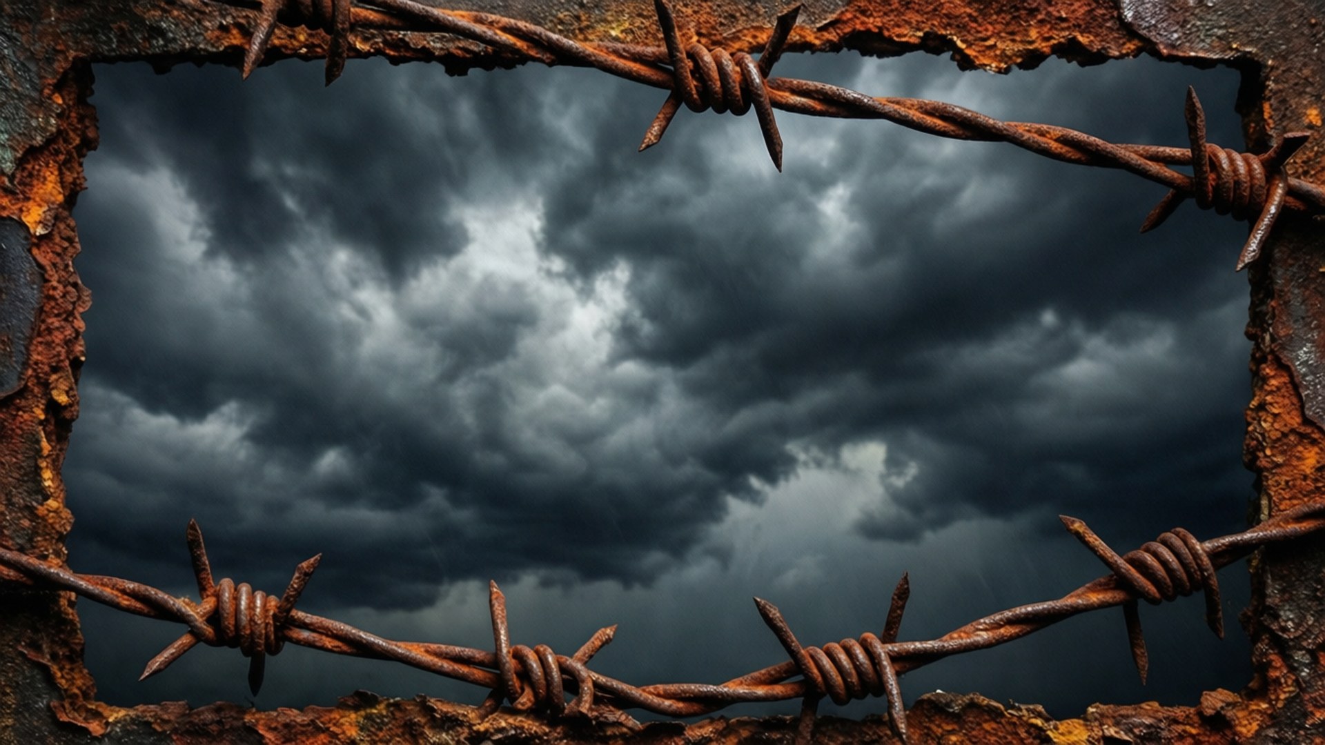 Rusten pigtrådsgrunge border mod en stormfuld himmel