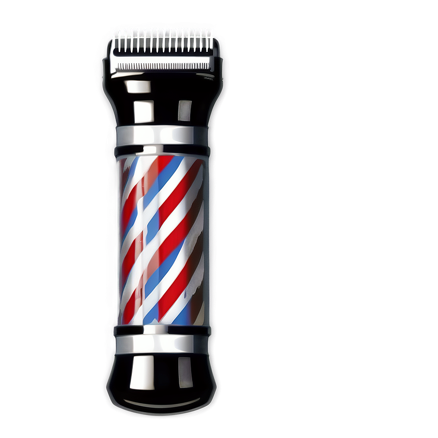 barber c PNG — A sleek electric razor with a classic red white and blue barber pole design glows against a muted gray background.