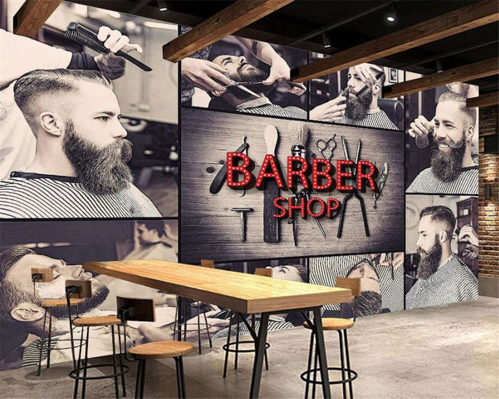 A Barber Shop With A Large Wall Mural