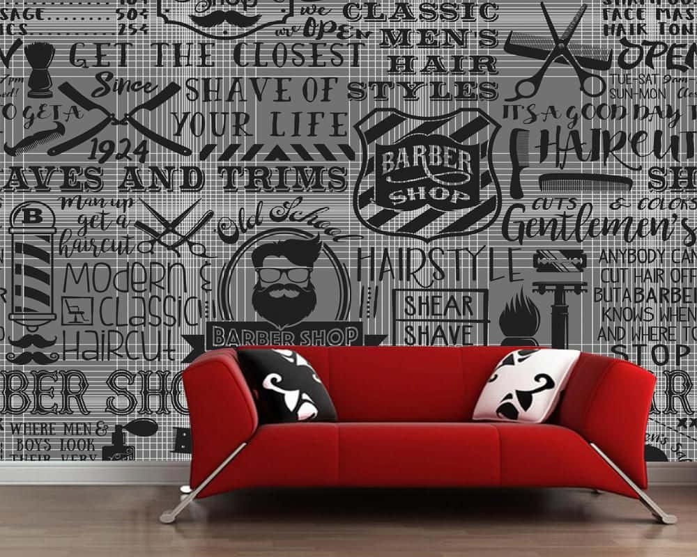 A Room With A Red Couch And A Black And White Wall