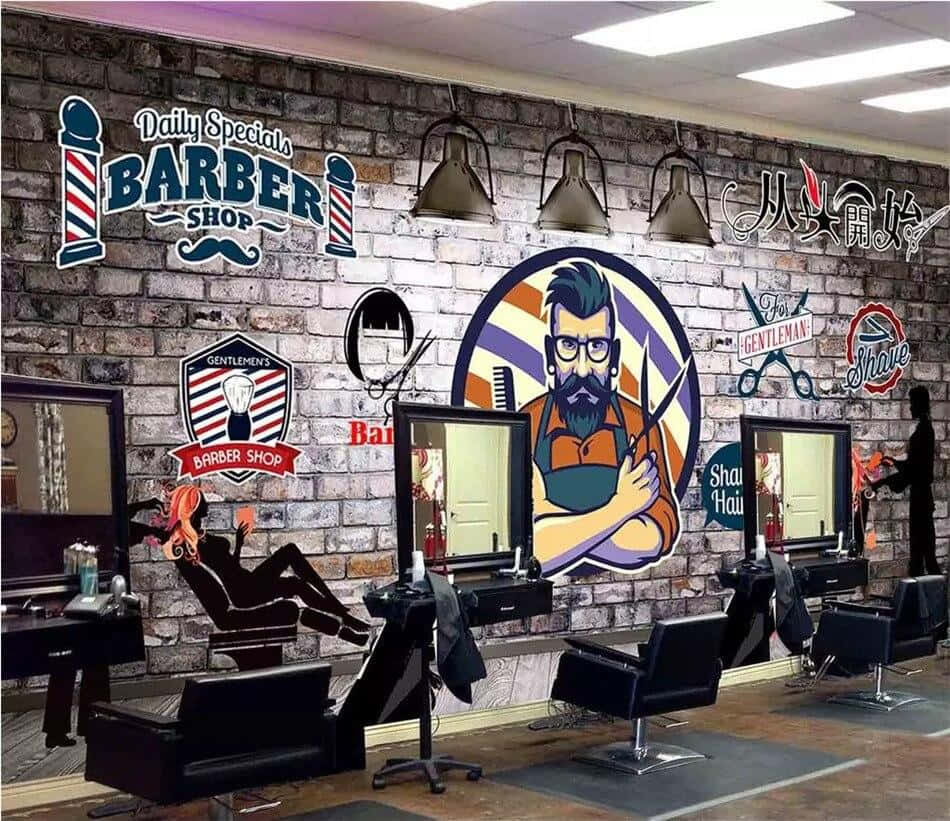 Barber Shop Interior With Wall Art And Chairs Wallpaper