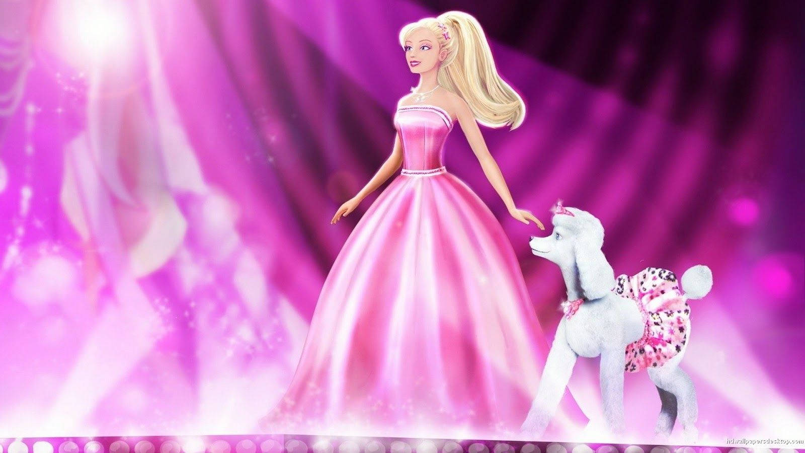 Barbie, the epitome of creativity, with her trusty pup in the spotlight. Wallpaper
