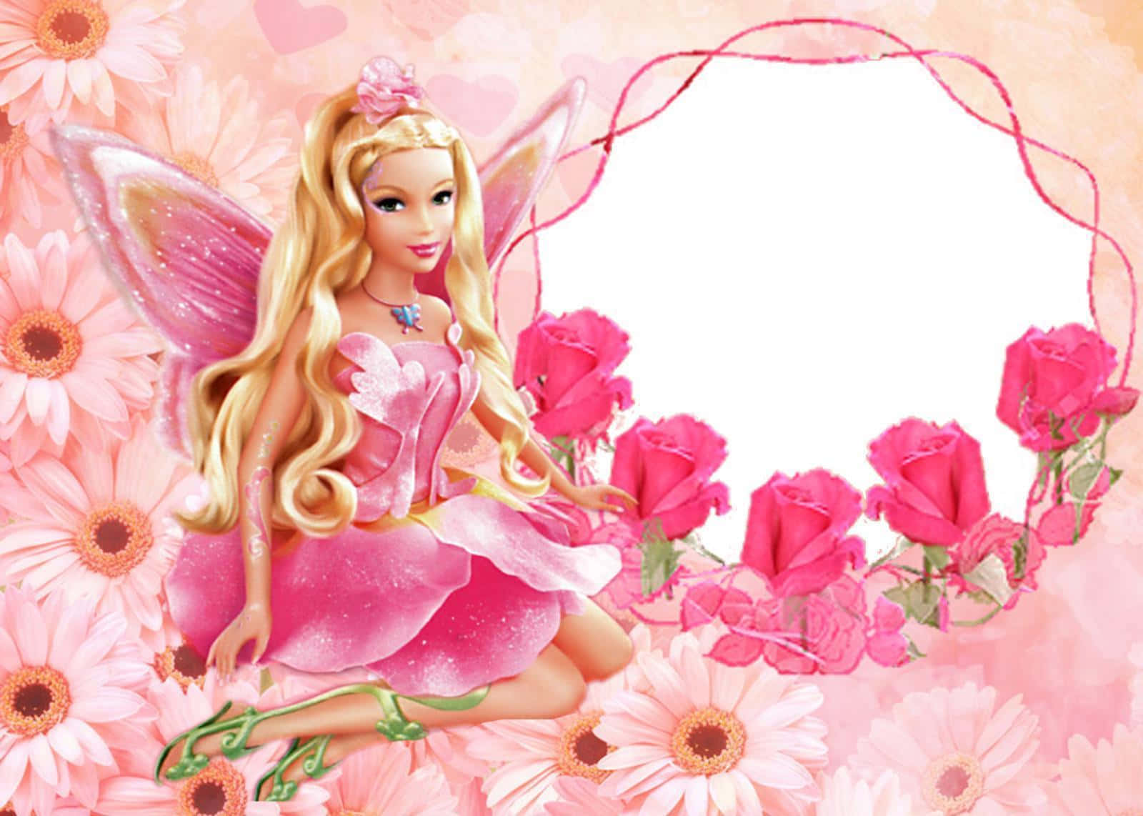 Barbie billeder i et pink baggrund.