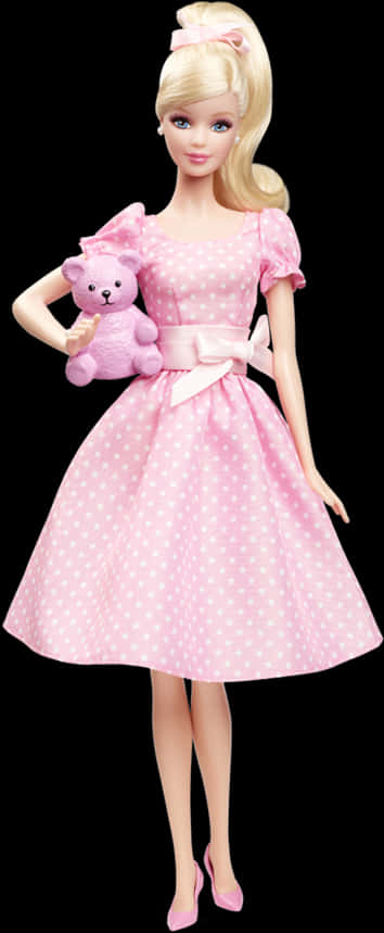 Barbie Dollin Pink Dresswith Teddy Bear PNG