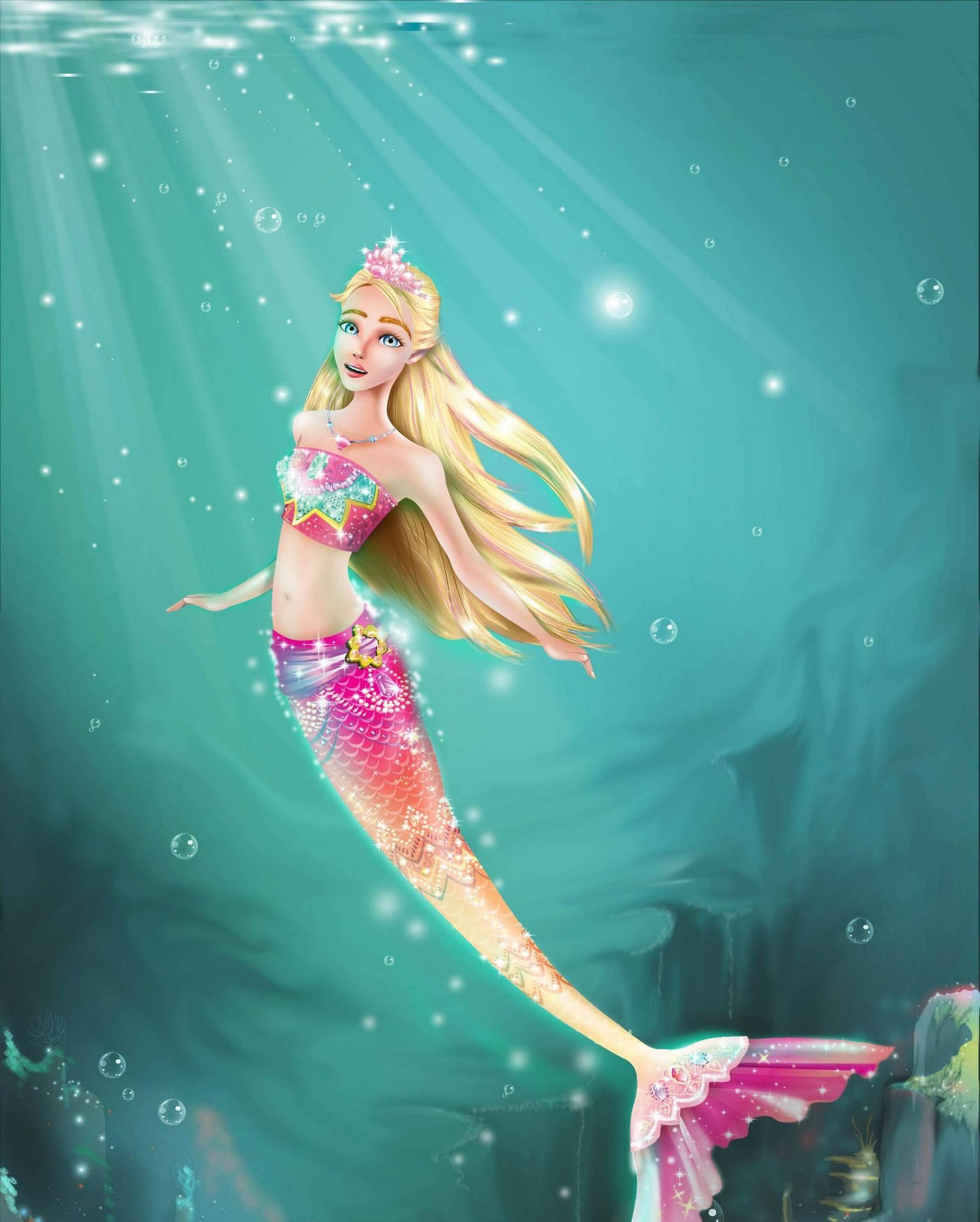 Tapete af Barbie Havfrue Kunstværk: Et dybdeband af farverige Barbiedukker, der er tematiseret som havmennesker. Wallpaper