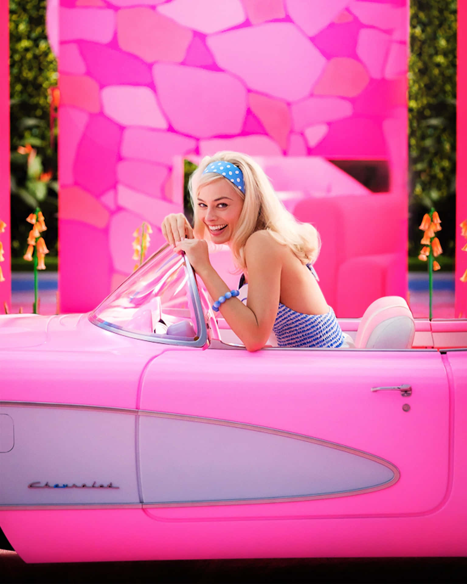 Barbie Movie Pink Corvette Scene Wallpaper