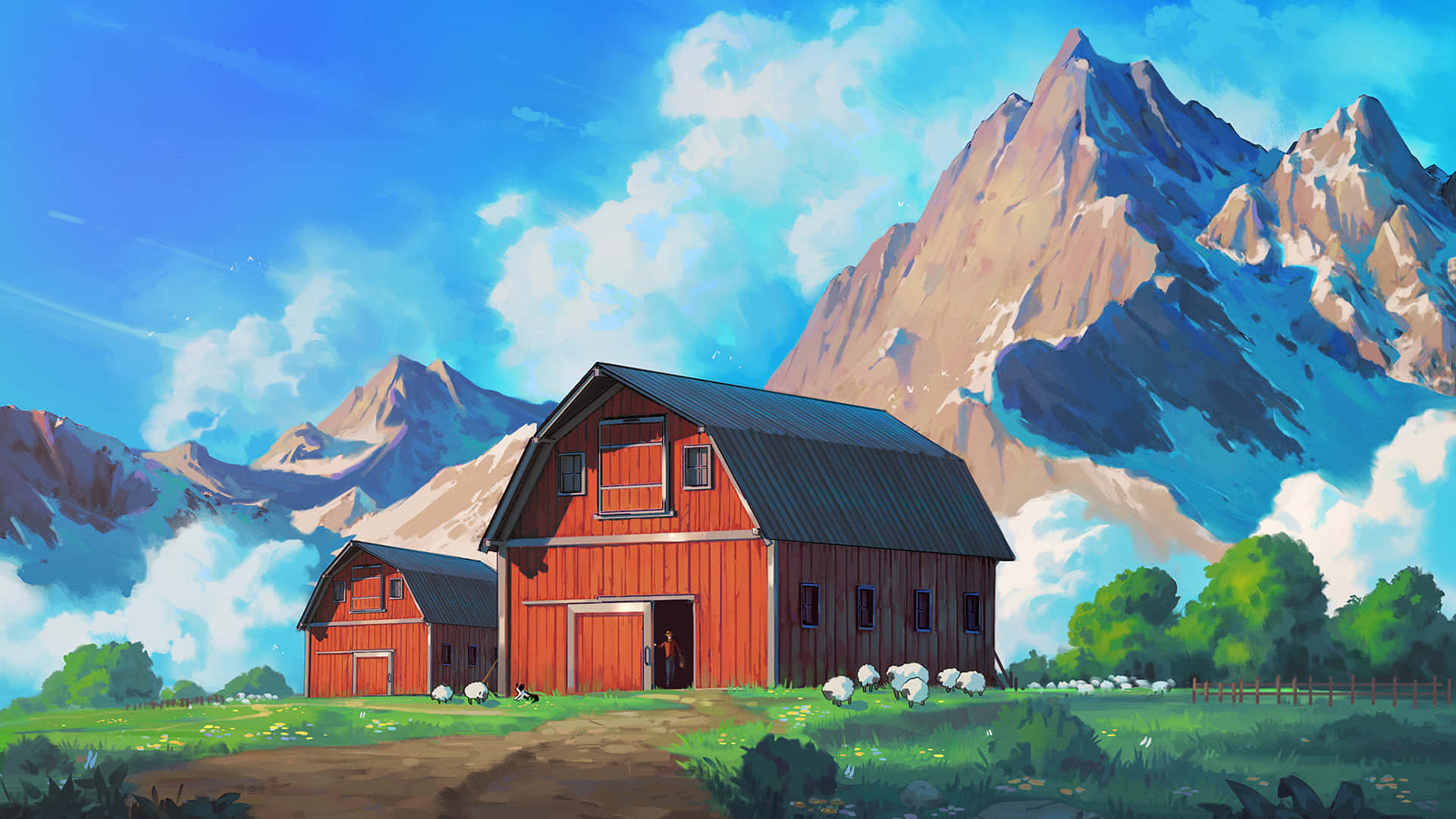 Barn In Mountain Countryside Anime Art Background