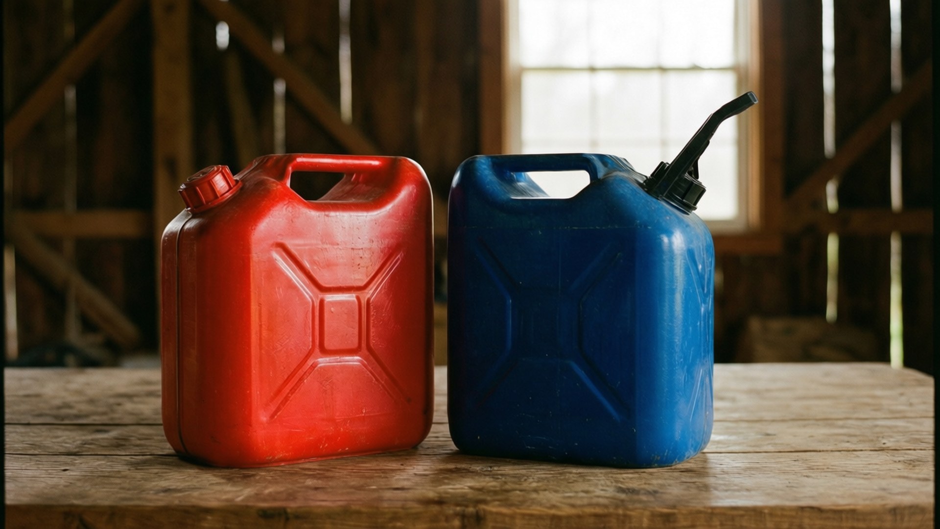 Barn Side Duo Wallpaper — Dua kaleng bahan bakar plastik merah dan biru duduk berdampingan di atas meja kayu lapuk di dalam gudang pedesaan.