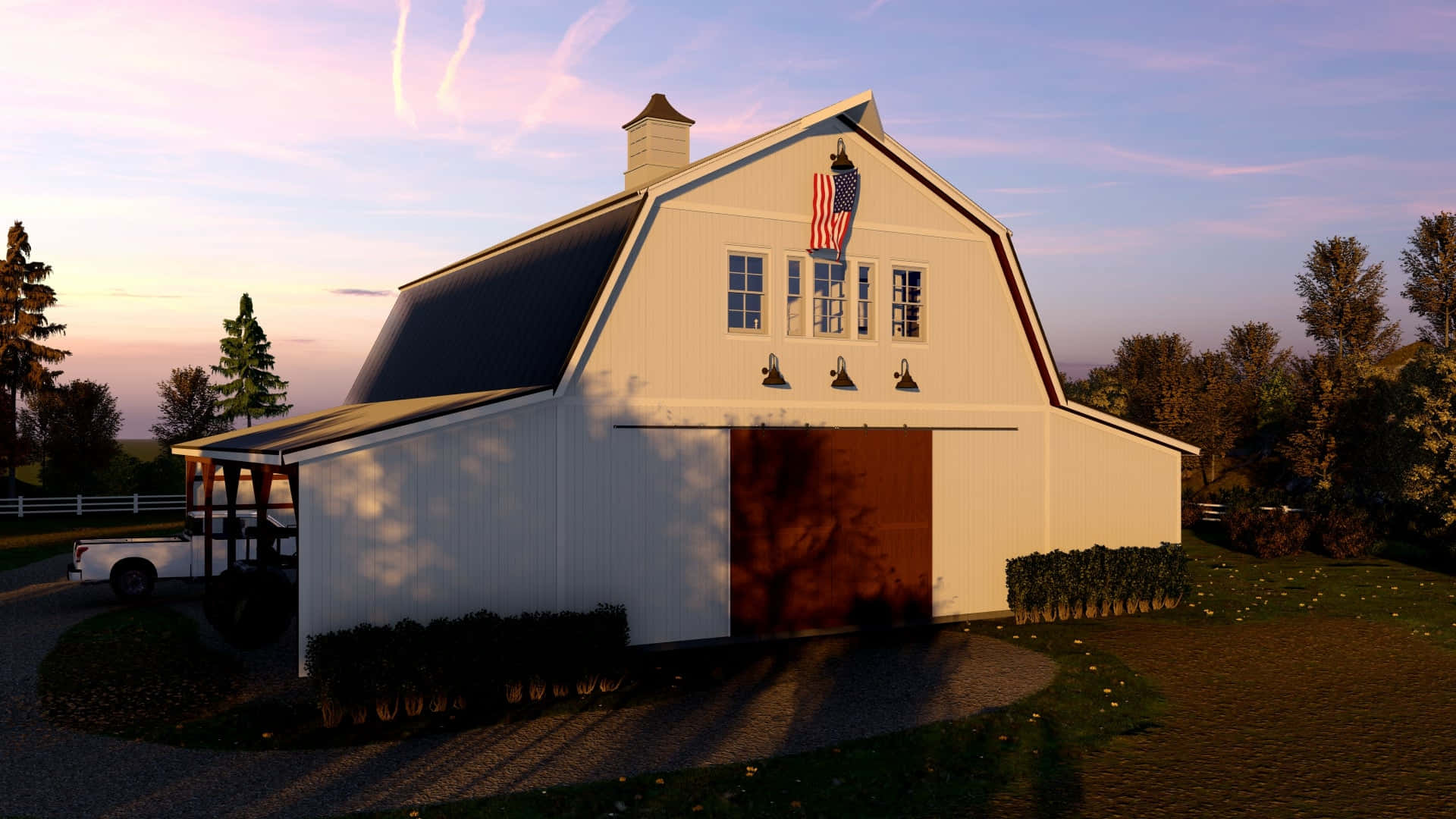 A White Barn With A Flag On The Roof