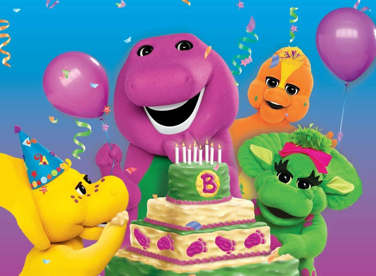 Barney, the lovable purple dinosaur, spreading joy and happiness Wallpaper