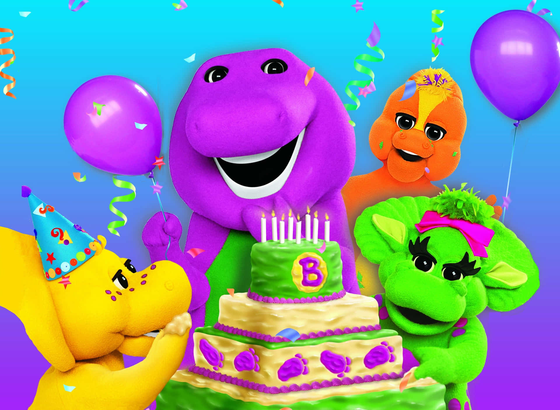 Barney the Dinosaur sharing smiles with kids Wallpaper