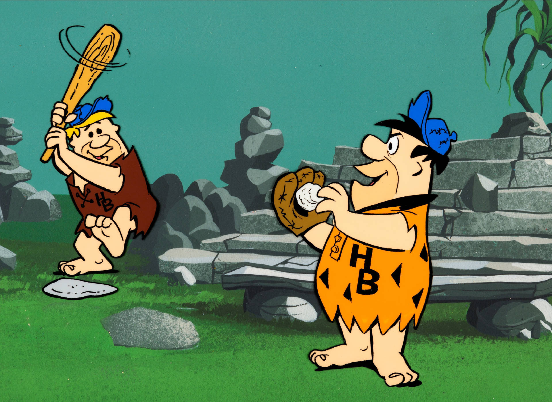 Barneyund Fred Flintstone Spielen Baseball Wallpaper