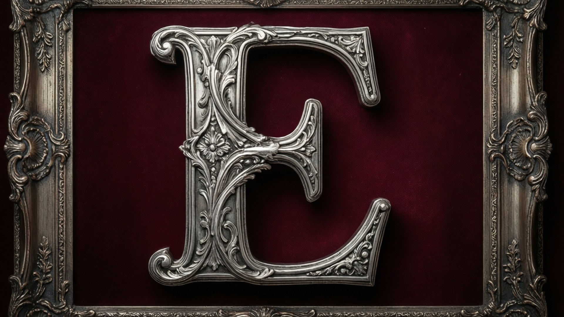 A decorative silver letter E in an ornate frame on burgundy velvet.