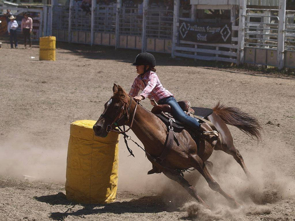 Competitive barrel racer rounding a barrel in an arena Wallpaper
