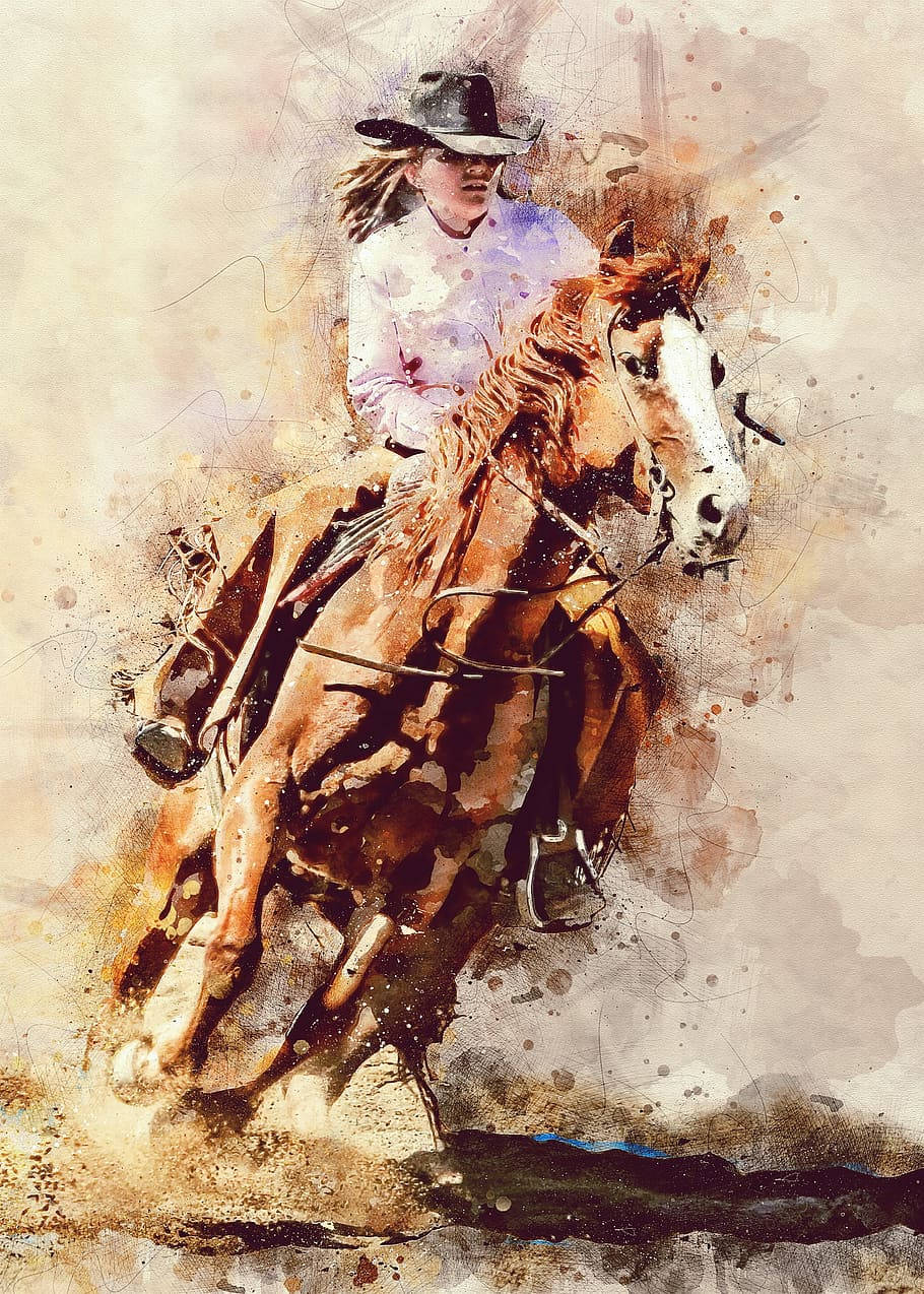 Maleri af en kvinde og hest på barrelduellegang. Wallpaper