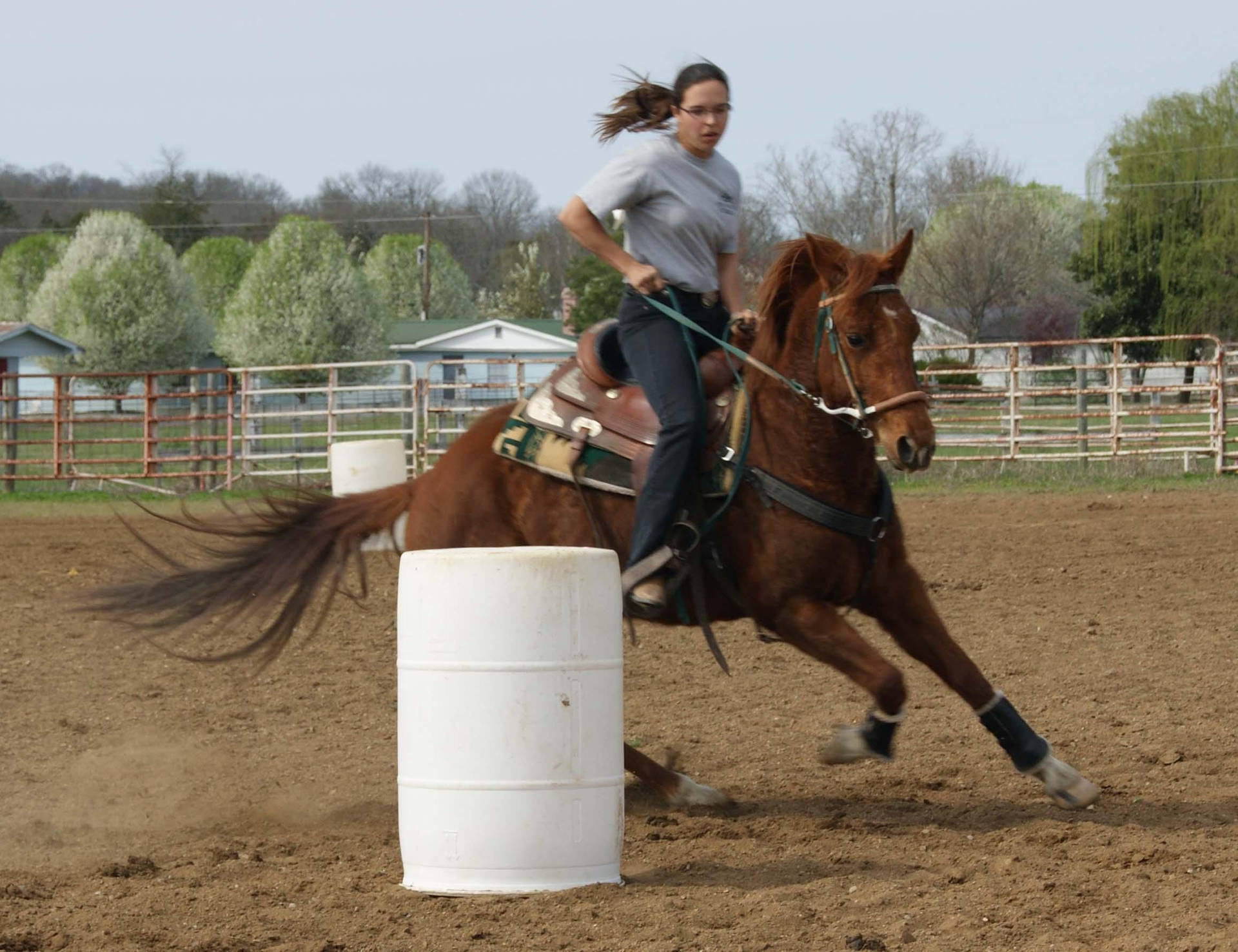 Barrelracing Wettbewerb: Frau Trainiert Mit Ihrem Pferd. Wallpaper