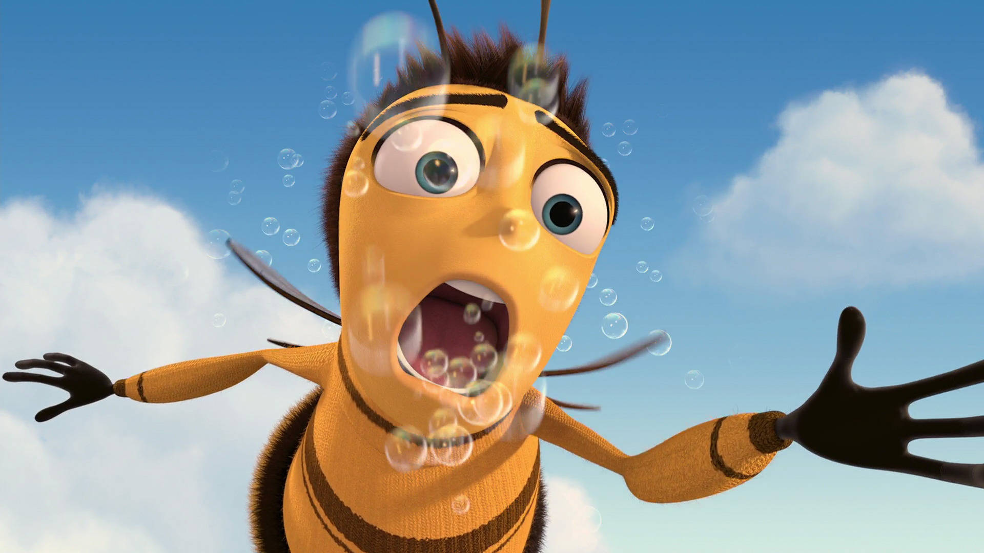 Aromatic Adventures: Barry the Bee Inhaling Bubbles in Bee Movie Wallpaper
