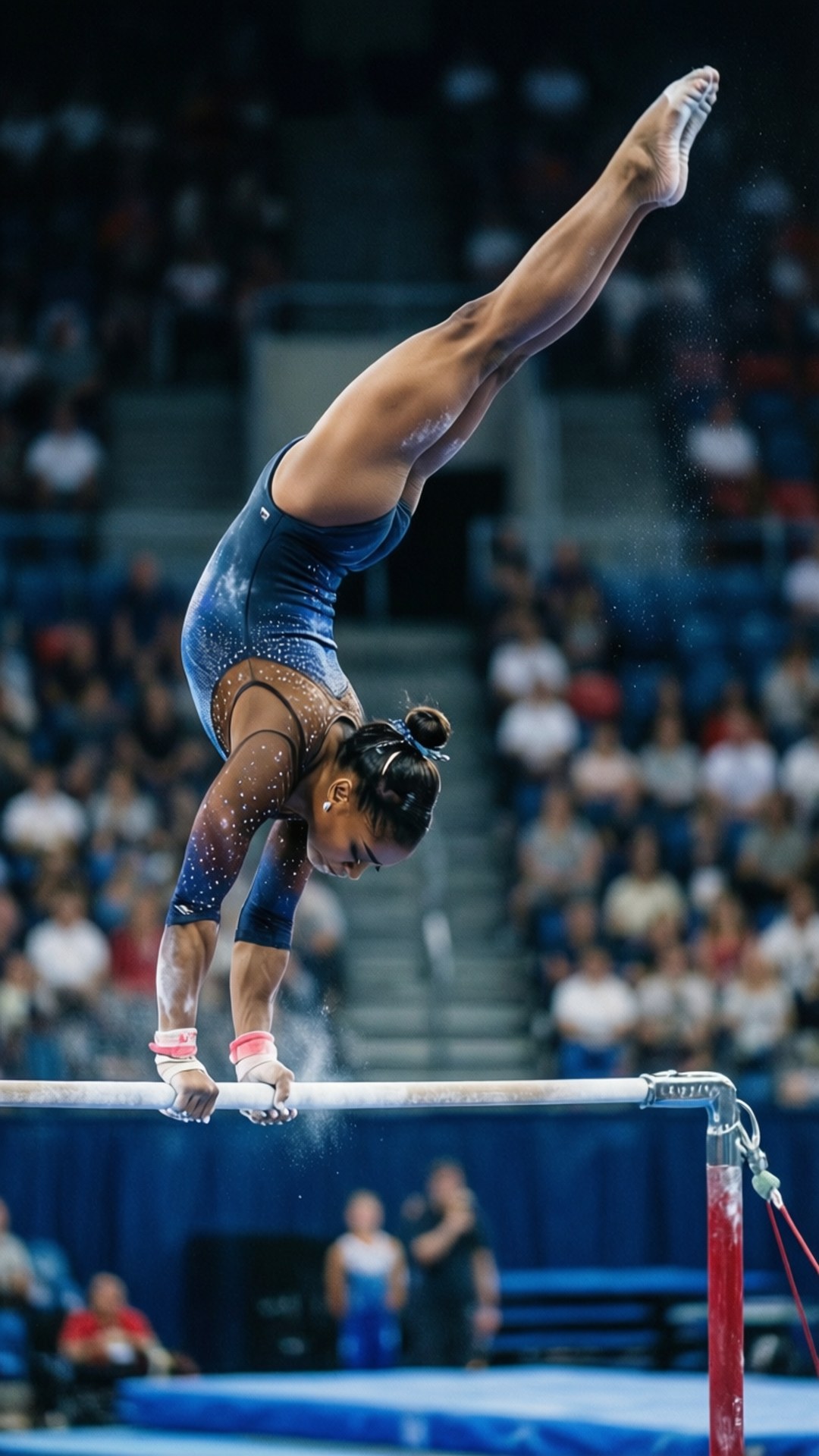 Simone Biles kiertyy eritasonojapuilla viileän sinisävyisessä ja sumeassa salissa.