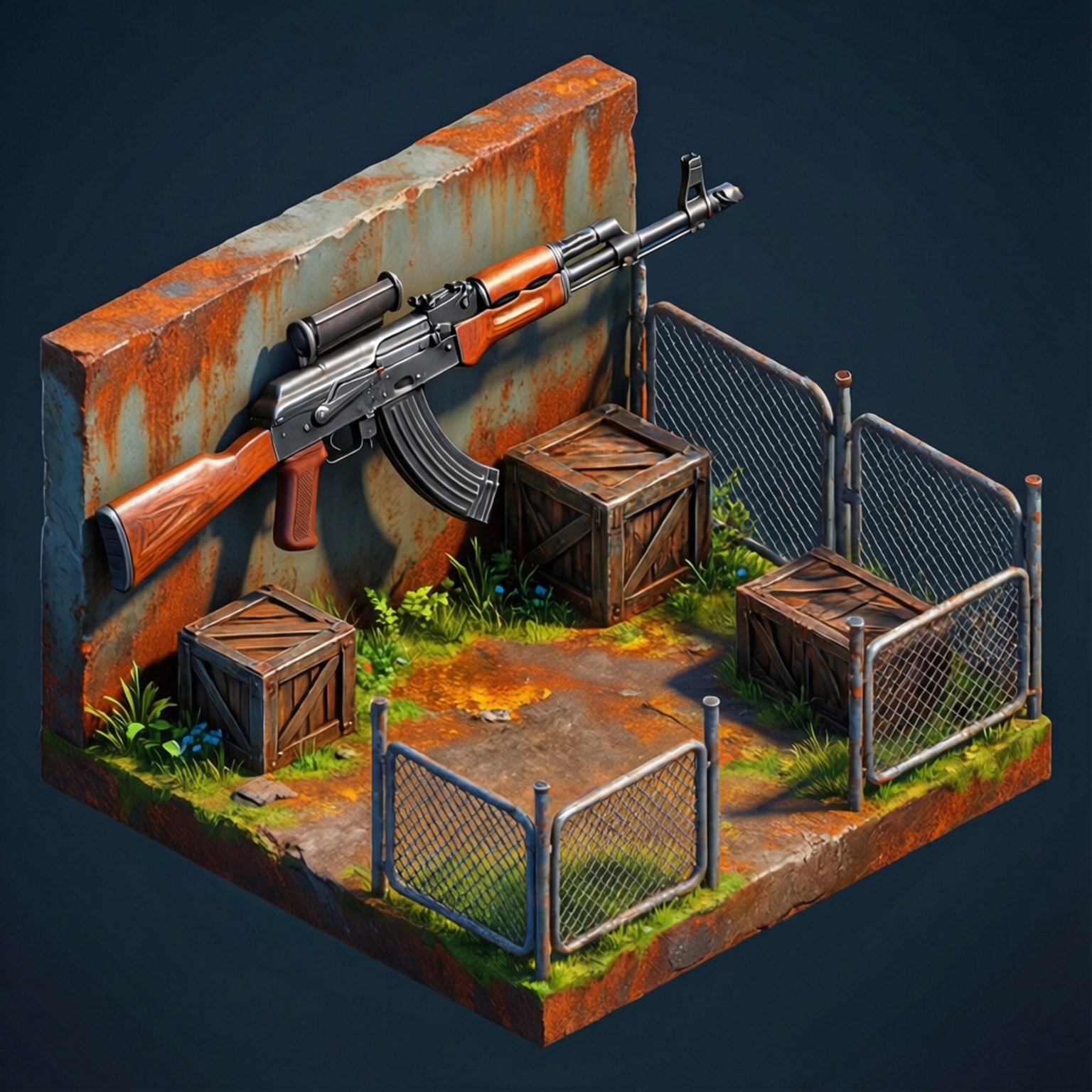 Isometric Rust base with AK-47 mount