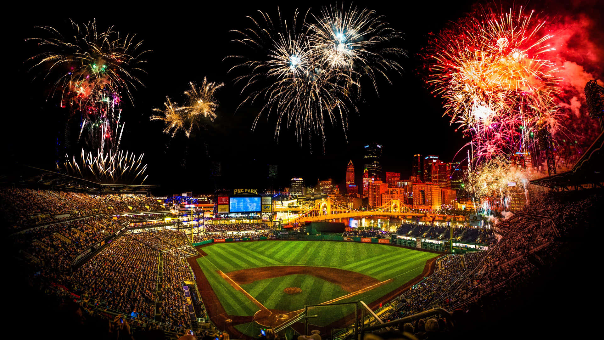 Landscape Baseball Field And Fireworks Background