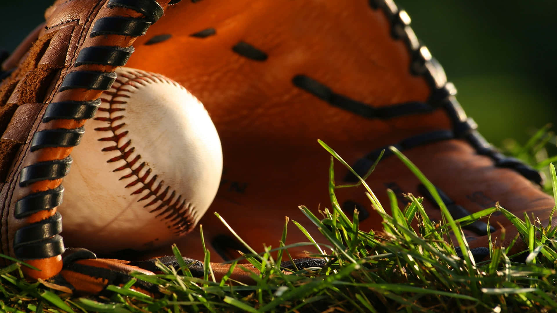 A close-up of a baseball glove on a grass field with a baseball nestled inside Wallpaper