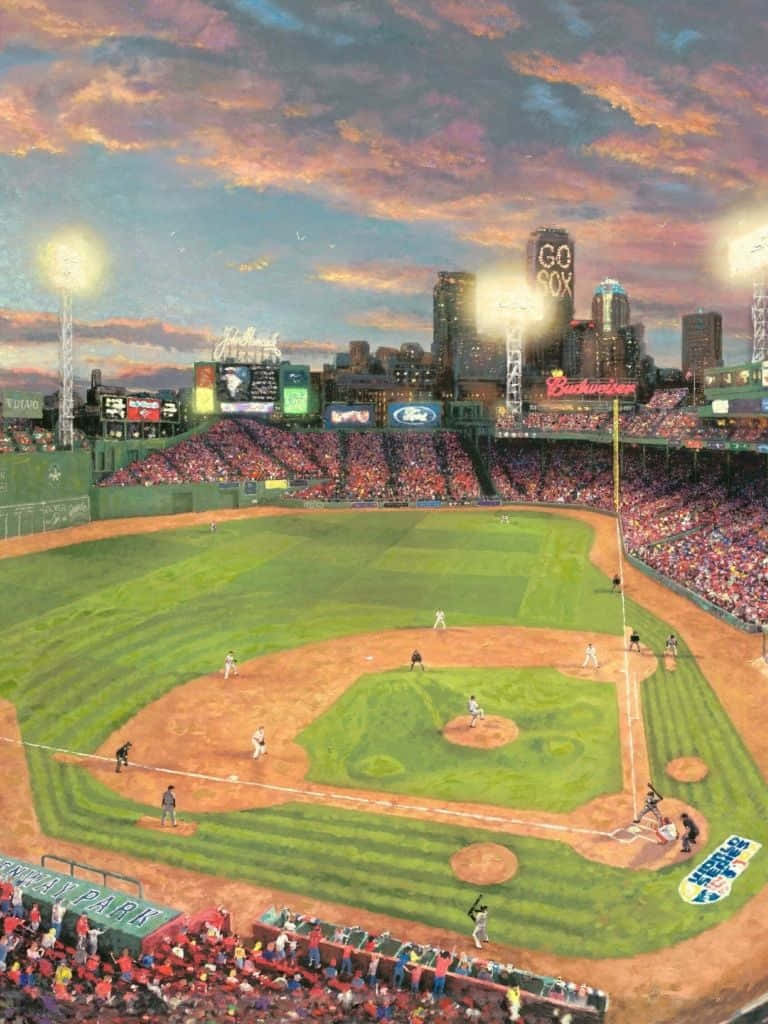 A panoramic view of an illuminated baseball stadium under cloudy skies Wallpaper