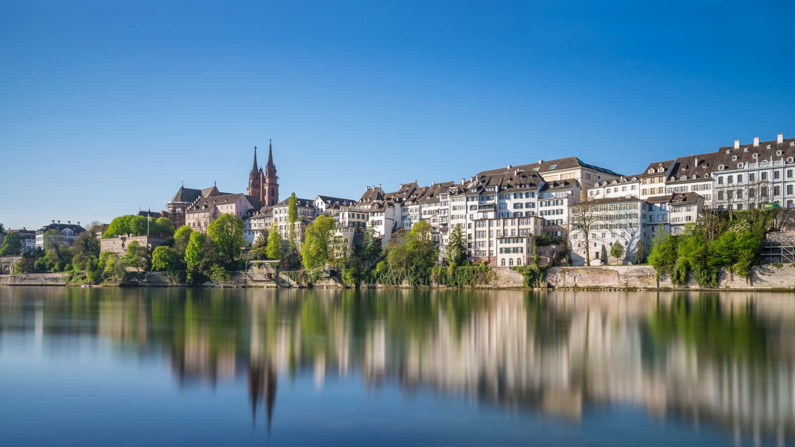 Basel Skyline Reflection River Rhine Wallpaper