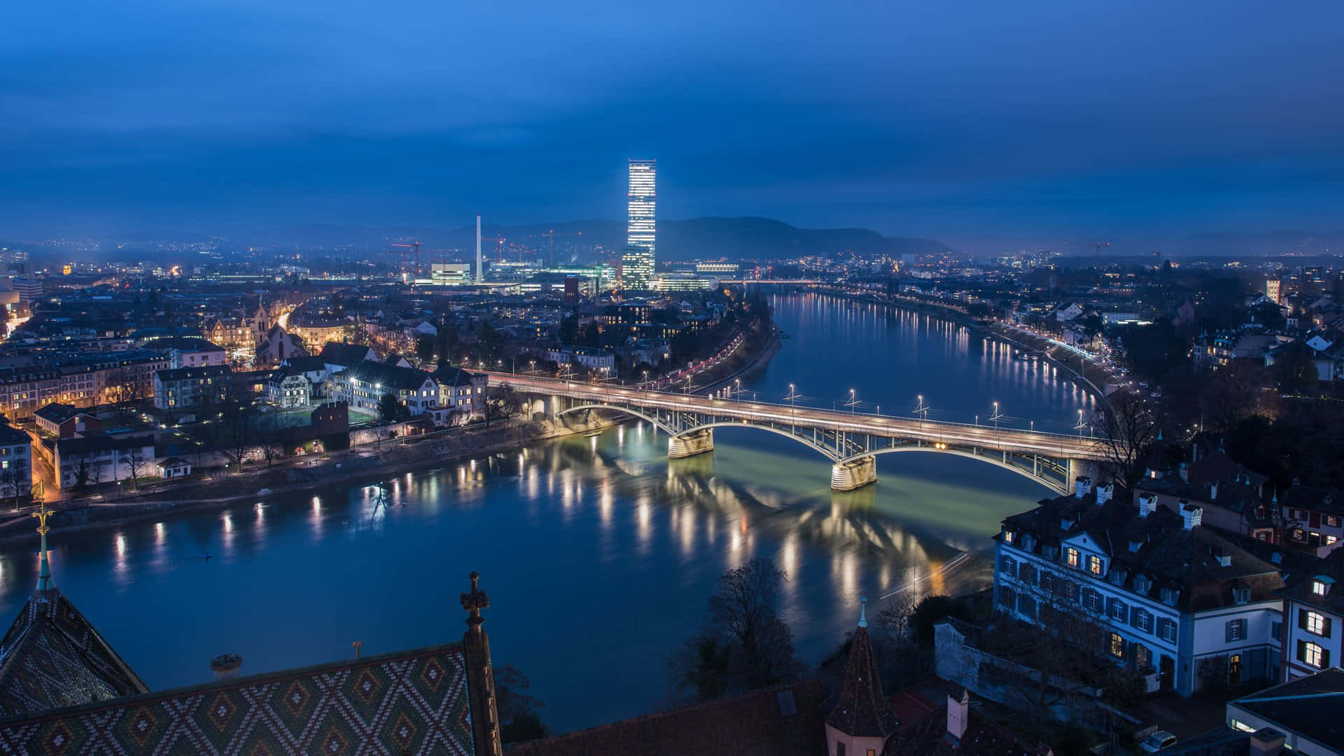 Basel Skyline Twilight View Wallpaper