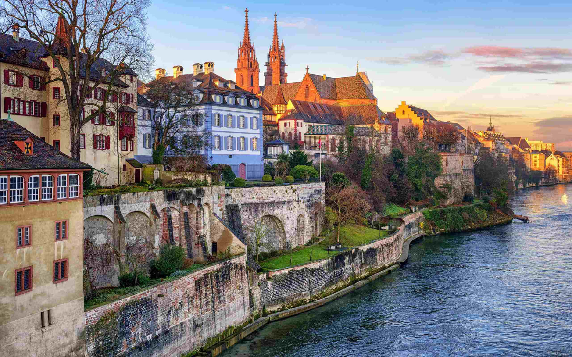 Basel Switzerland Riverfront View Wallpaper
