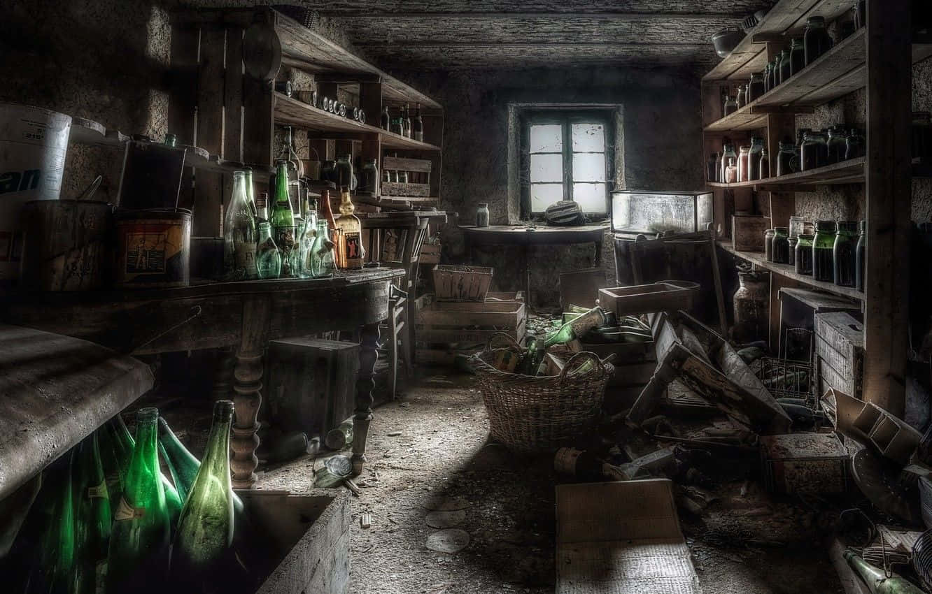 A Room With Bottles And A Shelf