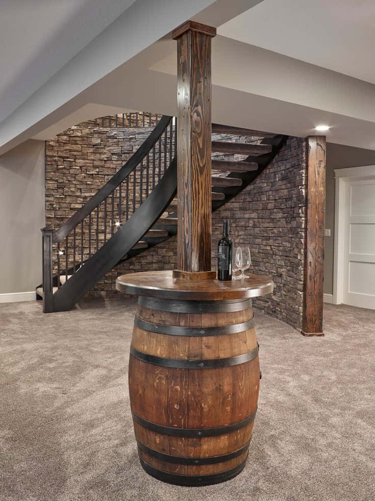 A Wine Barrel Is In The Basement With Stairs